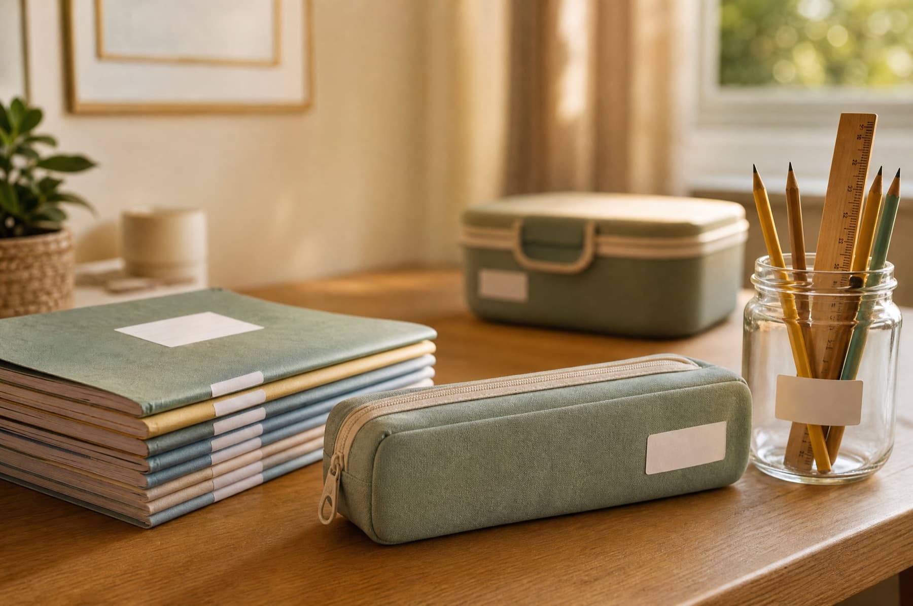 A tidy home study desk with labelled exercise books, pencil case, jar of pencils and a lunch box in warm afternoon light