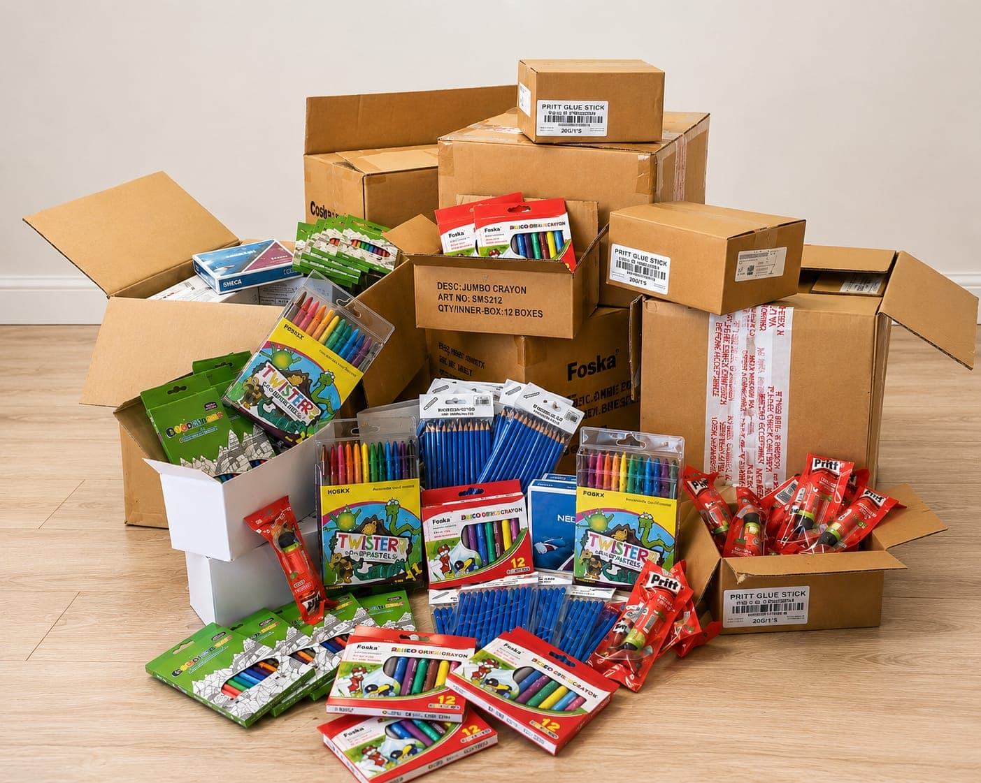 Cartons of Foska wax crayons, Twister oil pastels, colouring books and Pritt glue sticks