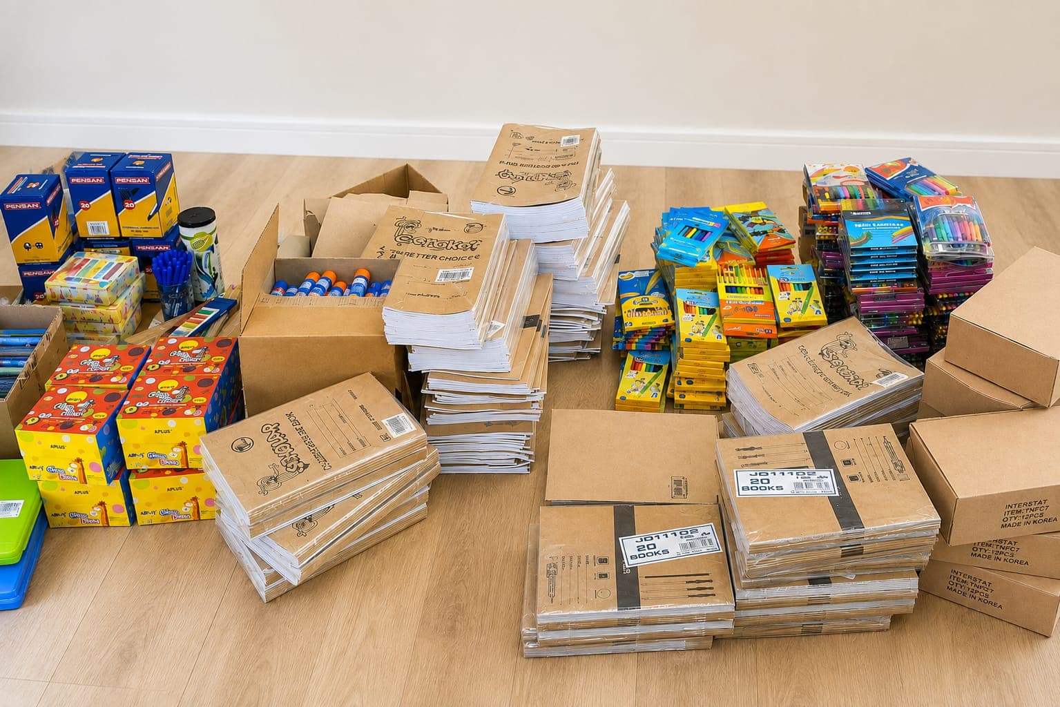 An overhead view of a bulk school-order — Pensan pens, exercise books, colouring boxes, crayons, felt pens, glue and correction tape stacked on a wooden floor