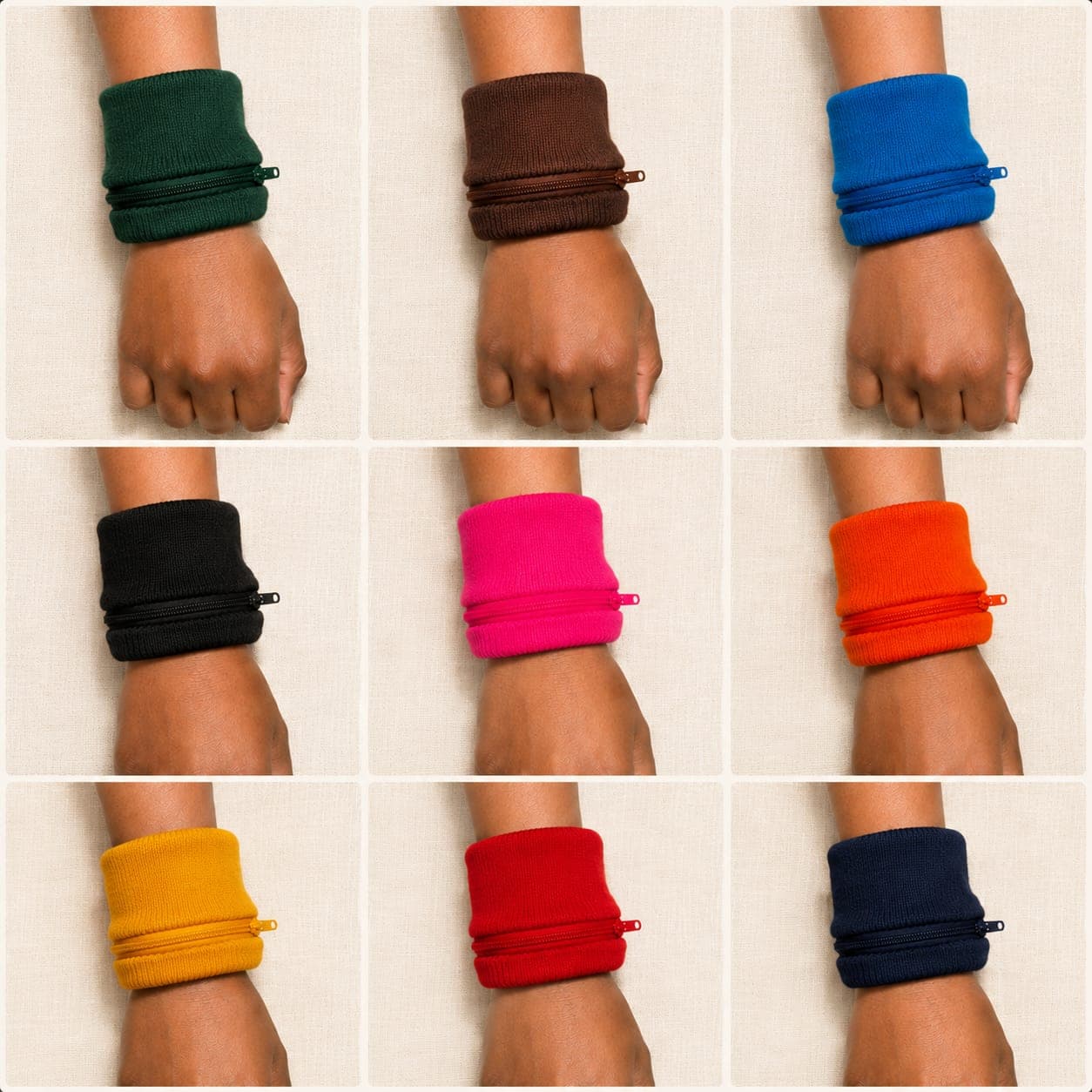 Nine wristband wallets shown on the wrist, one per colour