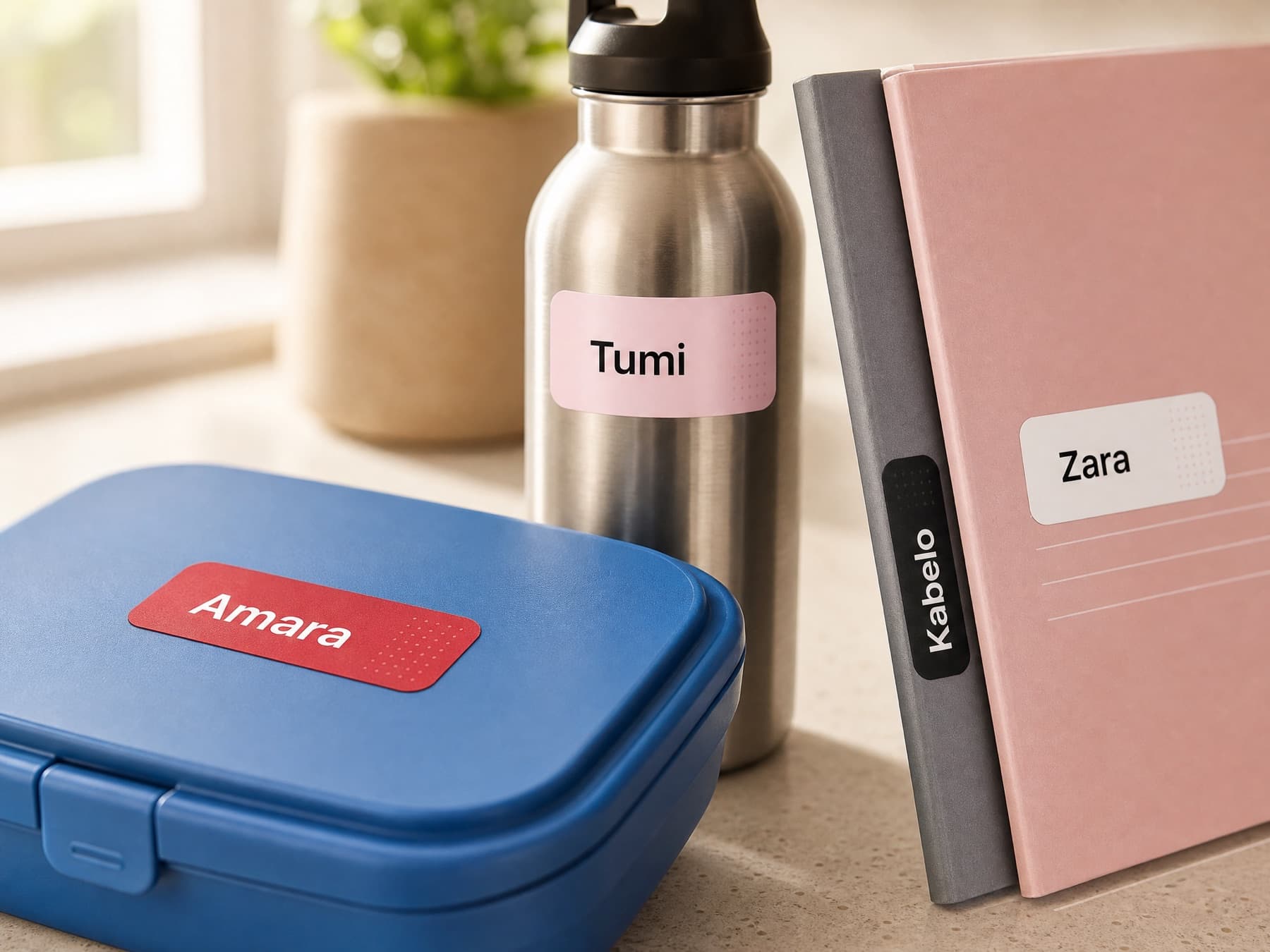 A sheet of colourful waterproof name stickers next to a labelled water bottle, lunch box and exercise books