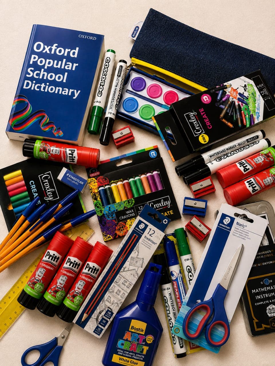 A curated flat-lay of school stationery — Oxford dictionary, Croxley crayons, Pritt sticks, pens, ruler, scissors and more.